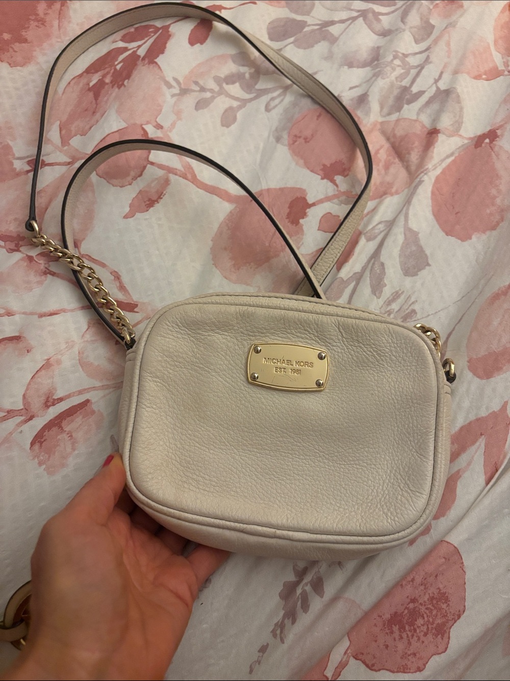 Michael Kors Cream Leather Crossbody with Gold Plate